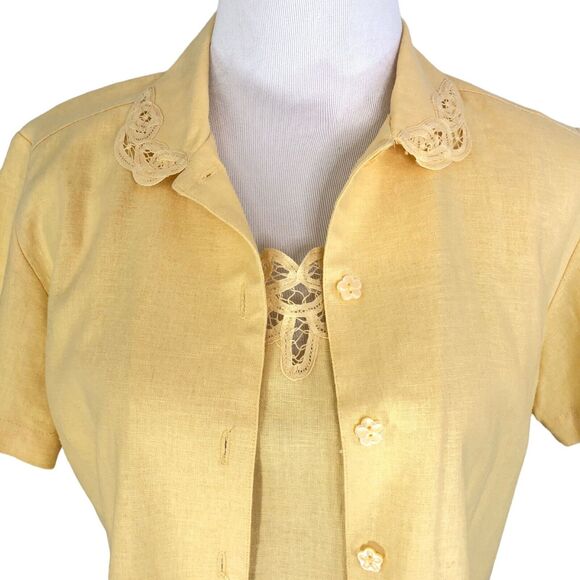 Erika Linen Midi Jacket Dress Button Front Jacket Blouse Eyelet Lace Trim - Picture 3 of 14